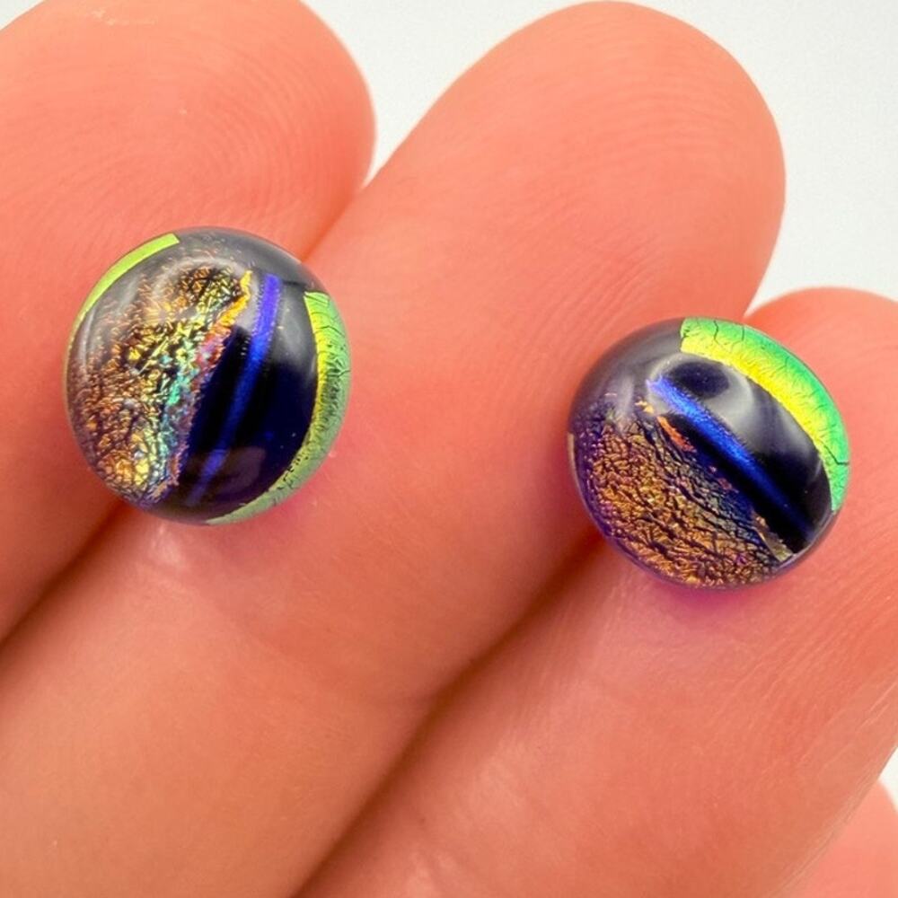 Vintage 925 Sterling Silver Art Glass Foil Back Button Stud Earrings Boho Small
